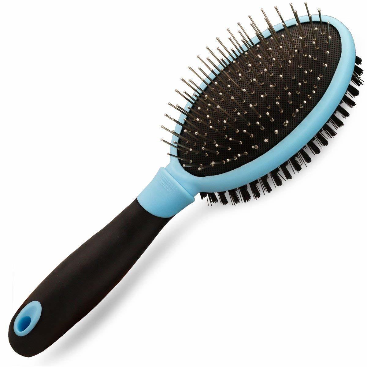 2-in-1 Combo Brush for Dogs & Cats, Pin Brush for Shedding Short Long Hair, Soft Bristle Brush for Clothes, Carpet and Cars, Blue